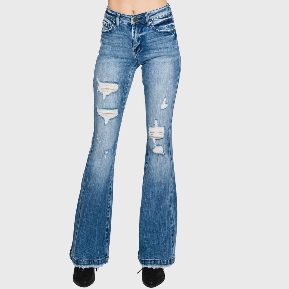 NEW PETRA153 distressed mid rise flare jeans in piper